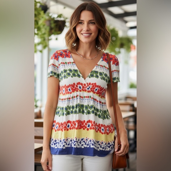 Anthropologie MOTH Multicolor Retro Floral Print Keyhole Cotton Top Size Small. - Picture 1 of 7